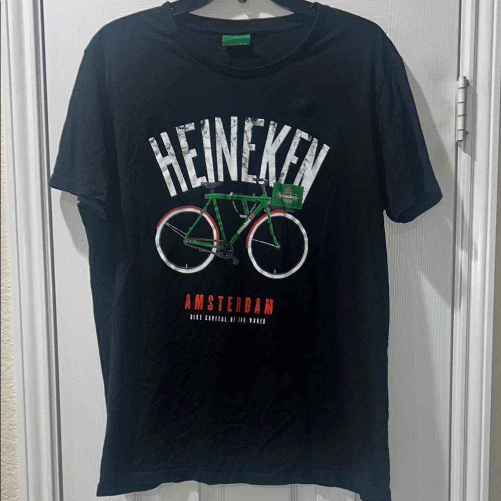 Mens Heineken Beer Black Short Sleeve Tee with Bicycle Graphic